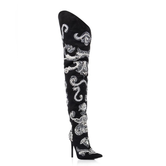 AZALEA WANG EMMETT BEADED EMBELLISHED THIGH HIGH WESTERN BOOT IN BLACK - Picture 2 of 4
